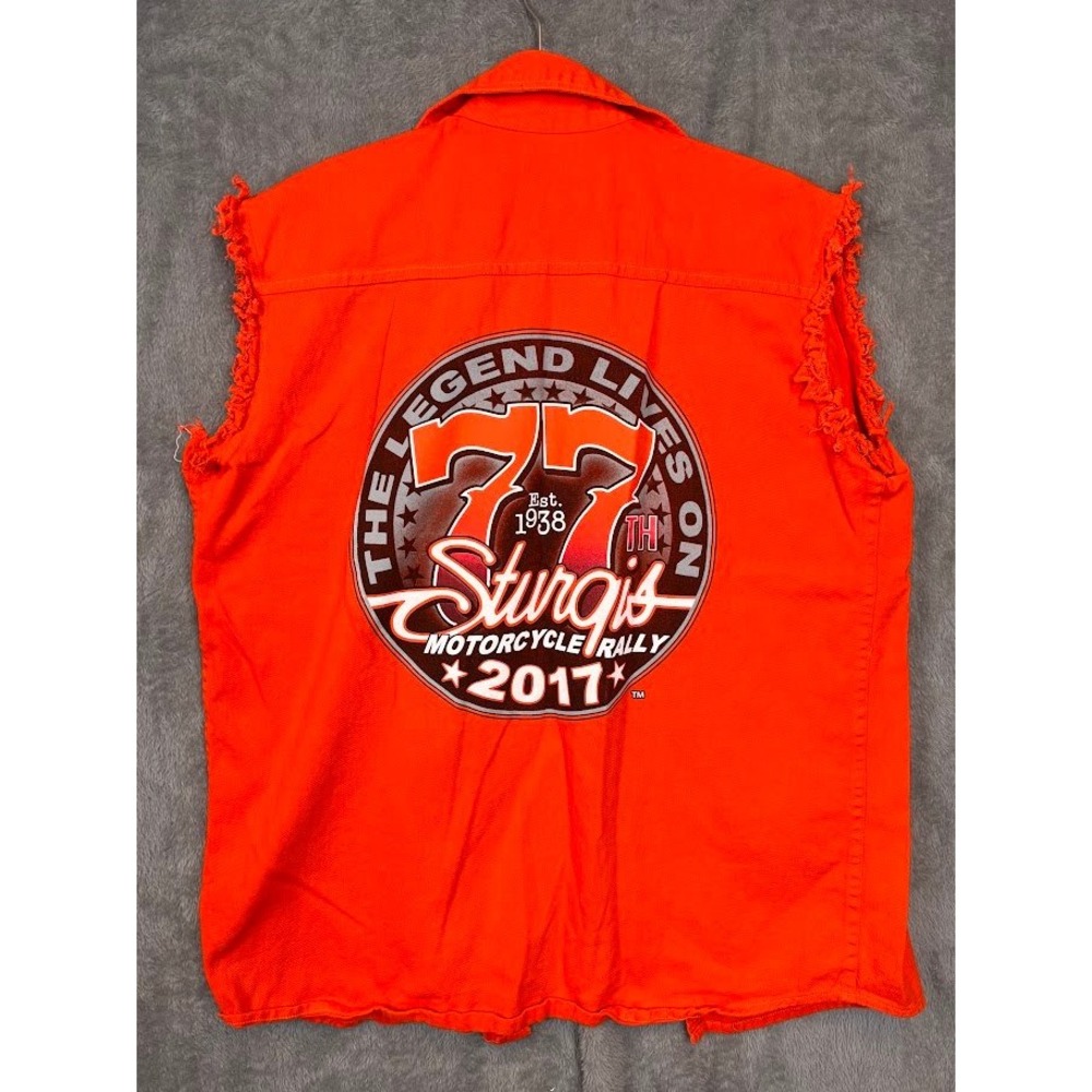 Orange Sleeveless Button Up Biker Clothing Sturgis Motorcycle Rally 2017 Mens XL